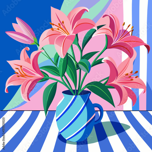 Vibrant pink lilies in blue vase