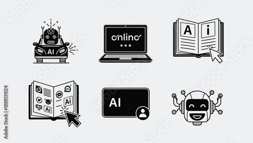 Artificial intelligence icons depicting robotics learning online education and digital information access are visually represented
