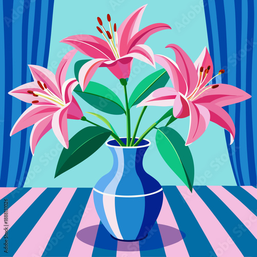 Vase of pink lilies on striped table