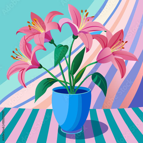 Vibrant pink lilies in blue vase