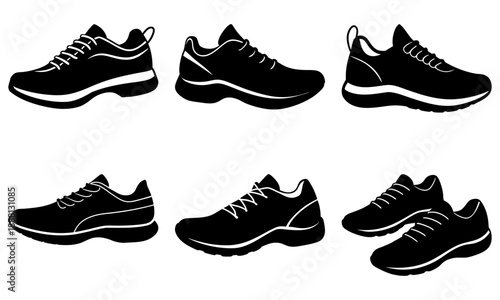 Six Black Running Shoe Silhouettes on White Background running shoes sneakers