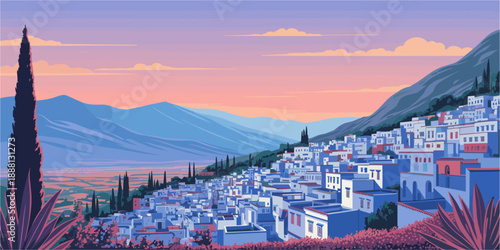 Flat vector illustration of Chefchaouen’s blue-painted town in the mountains, retro 1960s pastel travel poster style.