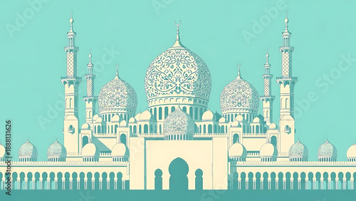 islamic mosque illustration with elegant arabesque patterns on domes featuring minarets against a teal sky ideal for ramadan eid mubarak greetings or middle eastern cultural designs.
