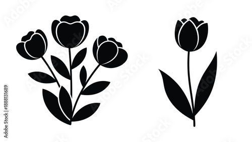 Simple black and white illustration depicts four tulip flowers with leaves showcasing botanical elegance and minimalism