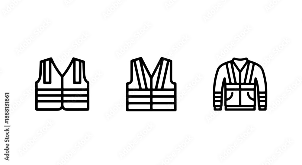 Fototapeta premium Safety vests and jacket icons: life jacket, workwear, protective clothing and security outline symbols.