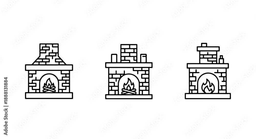 Naklejka premium Fireplace icons: brick hearths with warm, glowing fire and chimney, cozy home heating symbols.