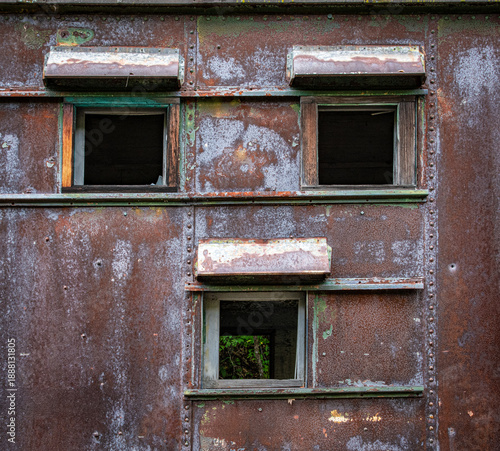 Open windows on the side of a vintage railroad car in Cass, West Virginia
