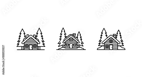Simple line art icons of cabins nestled in pine trees, showcasing cozy winter lodges and rustic homes in a snowy forest setting.