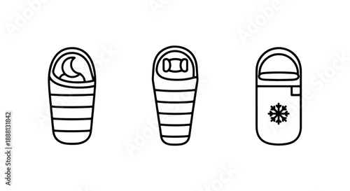 Collection of three sleeping bag icons in a minimalist line art style, representing outdoor camping gear for different weather conditions, including a winter option.