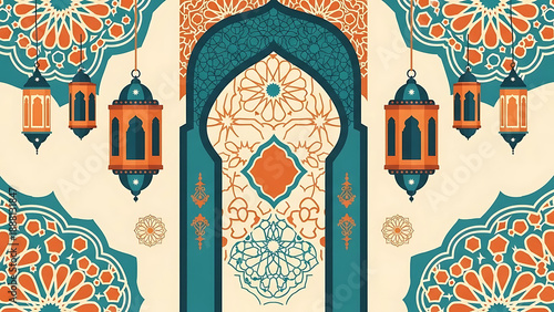 ramadan eid background with traditional islamic arch decorative lanterns and elegant arabesque patterns ideal for cultural event promotions.