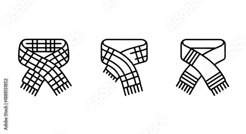Collection of three warm winter scarf icons with plaid and checkered patterns, showing different tying styles for cozy and fashionable cold weather neckwear.