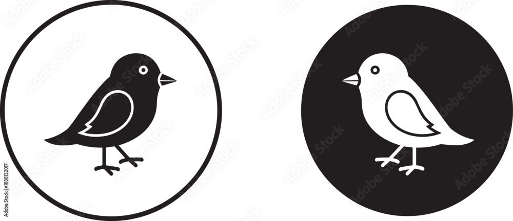 Fototapeta premium Black And White Vector Icon Set Of A Small Bird Featuring High Contrast Silhouette And Inverted Outline Styles Within Circular Frames For Nature Design