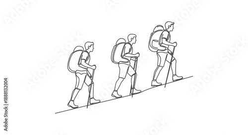 hikers walking uphill with trekking poles and backpacks illustrate determination teamwork and personal achievement on a challenging journey concept