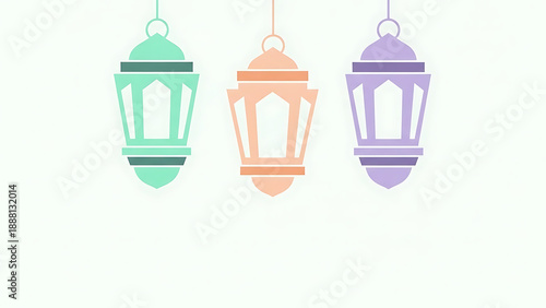 ramadan lanterns in pastel colors with minimalist islamic design hanging on a clean light background for ramadan kareem greetings and web.