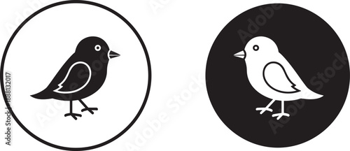 Black And White Vector Icon Set Of A Small Bird Featuring High Contrast Silhouette And Inverted Outline Styles Within Circular Frames For Nature Design