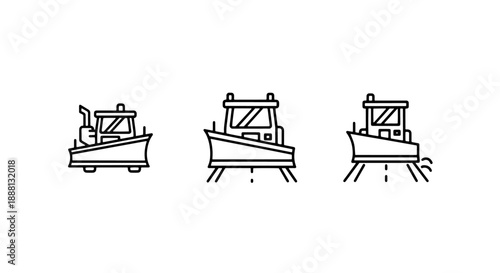 Three line art icons of snowplows and bulldozers with snow plows, ready for winter road clearing.