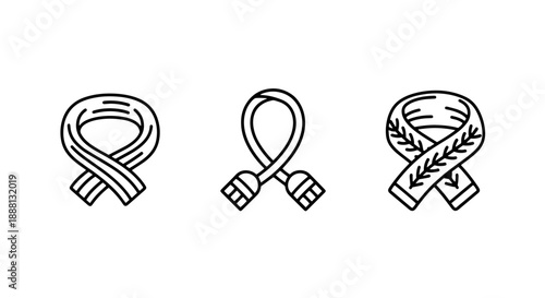 Three stylized ribbon icons: a plain ribbon, a ribbon with connectors, and a ribbon decorated with leaves.