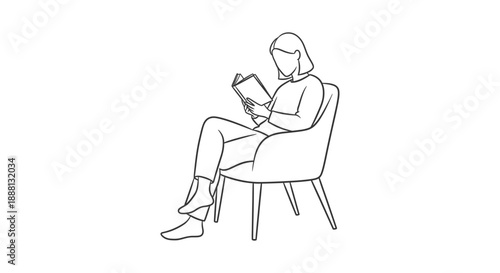 person reading book illustration sitting in a comfortable armchair at home a minimalist line drawing for lifestyle education and relaxation designs.