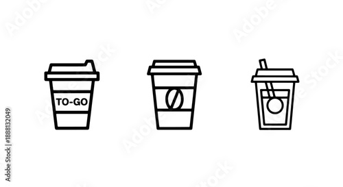 Three minimalist black and white icons depicting disposable coffee cups, including one labeled 'TO-GO' and another with a coffee bean logo.