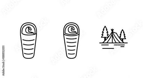Set of three outline icons for camping and outdoor activities: two sleeping bags and a tent in a forest.