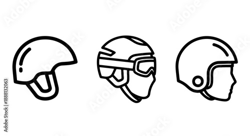 A trio of helmet icons for sports and safety: a simple helmet, a ski or snowboarding helmet with goggles, and a profile view of a helmet.