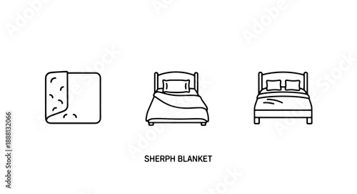 Line art icons showing a fluffy sherpa blanket, a neatly made bed with duvet, and a cozy bed with pillows, representing comfort and warmth
