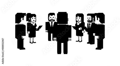 pixelated business meeting where diverse professionals collaborate strategize and discuss modern business concepts in a corporate tech setting.