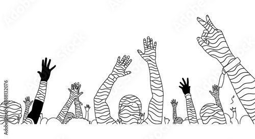 hands raised in air at a diverse community event symbolizing unity and freedom for social issues and conceptual graphic design projects