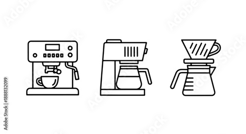 Vector icons showcasing three types of coffee makers: an espresso machine with cup, a drip coffee maker with carafe, and a pour-over coffee brewer