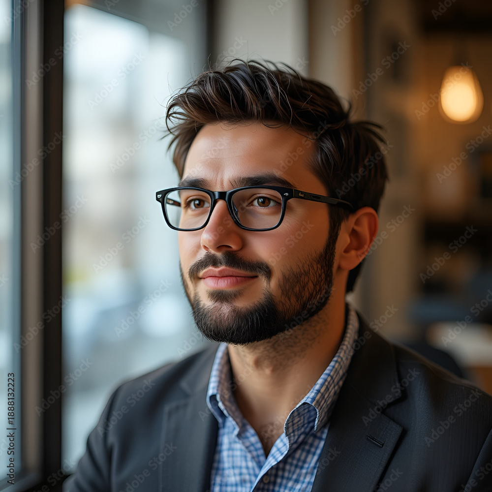Obraz premium A young professional man with glasses and a beard looking out the window in a modern office setting