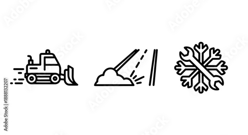 Winter maintenance icons: snowplow, snowdrift, and snowflake wrench