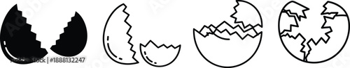 Black And White Vector Icon Set Of Broken Eggshells Featuring Solid Silhouette And Line Art Styles For Cooking Breakfast And New Beginning Concepts