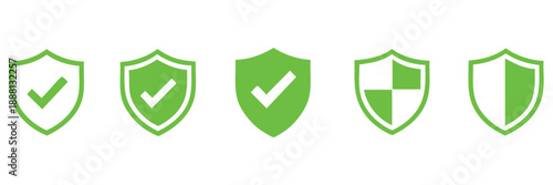 Green shield icons with check mark tick symbol. protection, security, security, protection, verified approval, verification icons. for safety, cybersecurity, or insurance designs