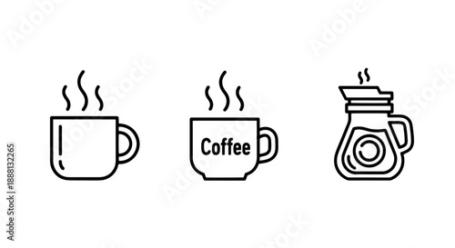 Coffee icons: steaming cup, mug with text, and carafe