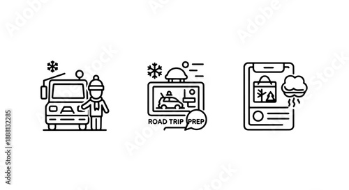 Winter road trip preparation icons: truck, driver, car dashboard, and smartphone app for weather, travel planning, outline illustration.
