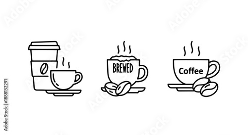 Steaming coffee cup and beans, hot brewed beverage icons, morning drink concept, minimalist outline illustration for cafe or energy.