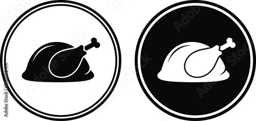 Black And White Vector Icon Set Of Roasted Whole Chicken Or Turkey In Circular Frames For Restaurant Menu Food Packaging And Thanksgiving Design Projects