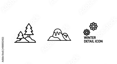 Classic Winter Detail Icons Showcasing Evergreen Pine Trees, Majestic Mountains, and Delicate Snowflakes for Seasonal Designs