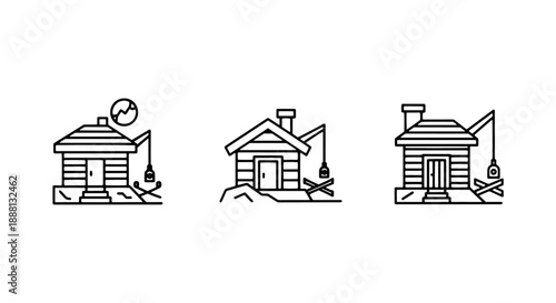 Rustic Fishing Hut Icons Featuring Small Cabins with Fishing Poles, Perfect for Ice Fishing, Outdoor Sports, and Wilderness Themes