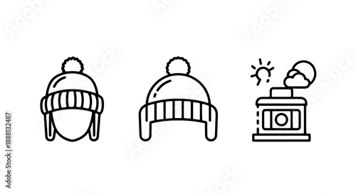 Stylish Black and White Line Art Icons of Warm Winter Hats with Pompoms and Earflaps, Perfect for Cold Weather Apparel