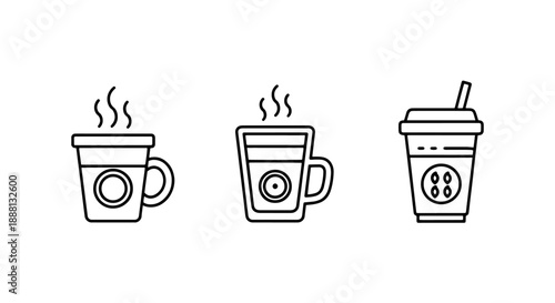 Hot Coffee, Latte, and Takeaway Drink Cups Outline Icons Set for Cafe, Restaurant, and Beverage Menus