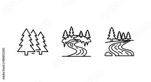Pine Trees and Winding River Landscape Nature Outline Icons Set for Outdoor and Wilderness Designs