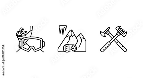 Mountain Climbing, Skiing Goggles, Headlamp, and Ice Axe Outdoor Adventure Outline Icons Set