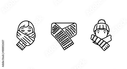 Cozy Winter Scarf and Warm Knitted Hat Apparel Outline Icons Set for Cold Weather Fashion