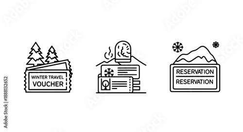 Winter Travel Voucher, Holiday Tickets, and Online Reservation Outline Icons Set for Bookings