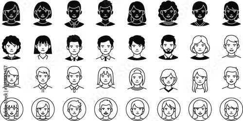 Collection of diverse silhouette portraits isolated on transparent background