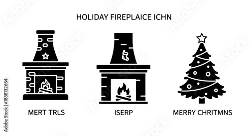 Cozy Holiday Fireplace and Decorated Christmas Tree Filled Icons Set for Festive Winter Celebration