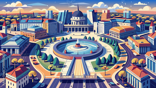 Very beautiful Aerial view of Unirii Square in Bucharest highlights grand boulevards, fountains, and surrounding architecture, presenting a key urban landmark within Romania’s modern capital city stru