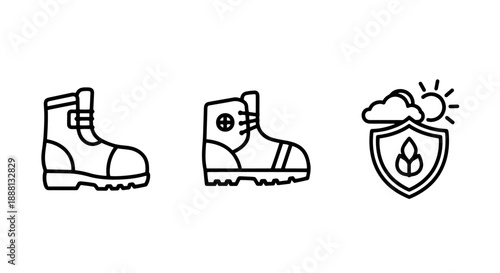 Durable Work Boots and Outdoor Protection Icon Set - Essential for Adventure, Safety, and Nature Designs