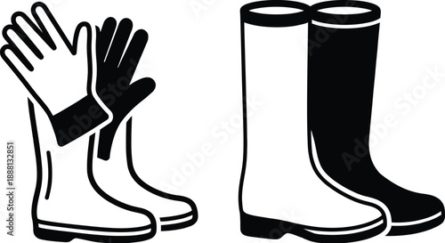 Gardening gloves and rubber boots isolated on white background